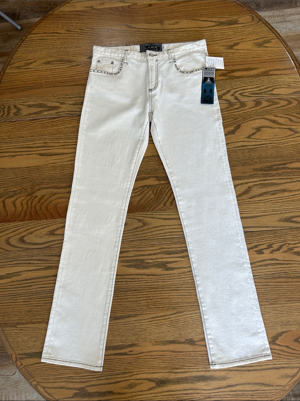 L.A.M.B. Fall 2008 Cream denim, silver studs, black stitching trim, NWT, size 10